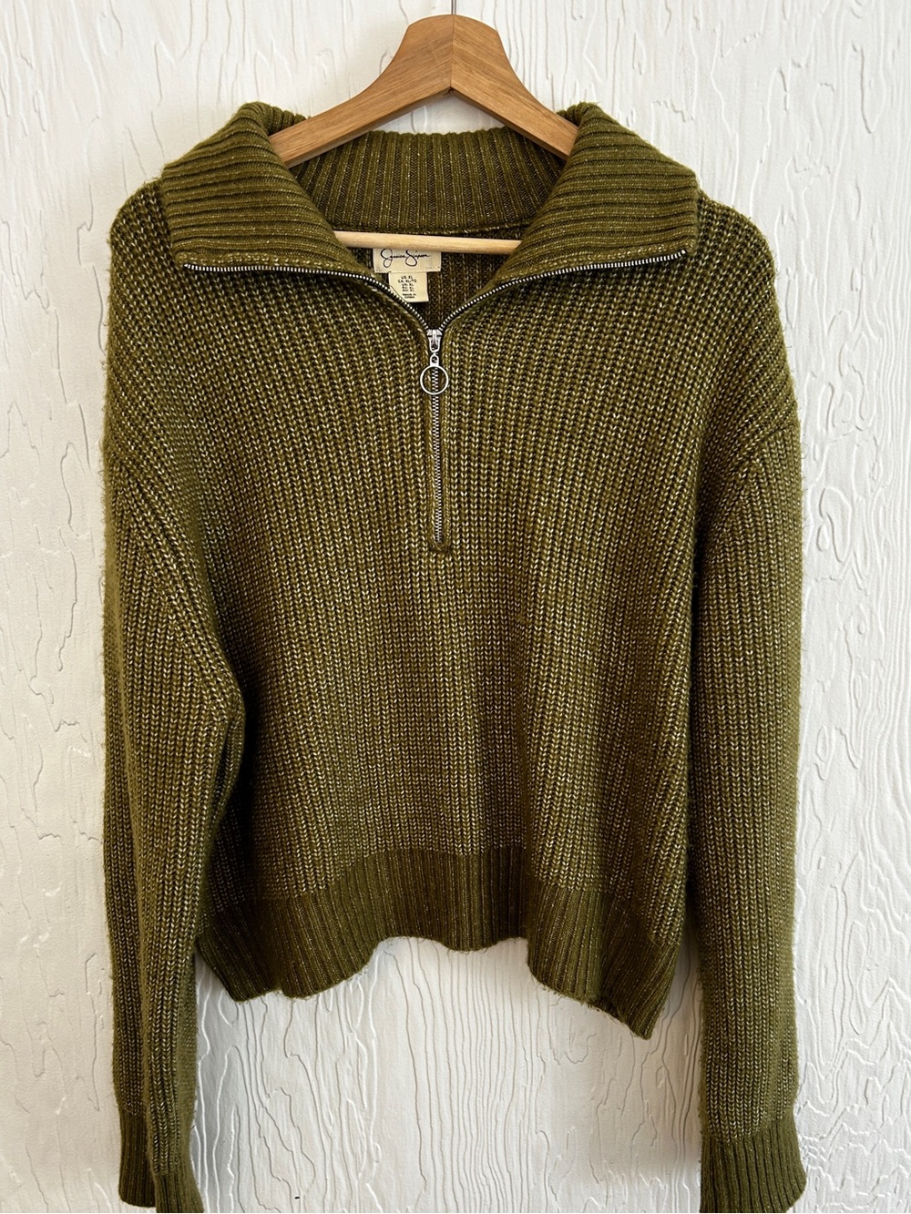 JESSICA SIMPSON Olive Green Ribbed Knit Half Zip Sweater XL Cozy Lounge Cabin